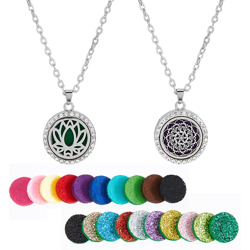 Hobbspring 2 Sets Aromatherapy Essential Oil Diffuser Necklace 2 Styles Diffuser Stainless Steel Oil Pendant with Felt Pads Aromatherapy Flat Round Locket Necklaces Gift for Woman Men