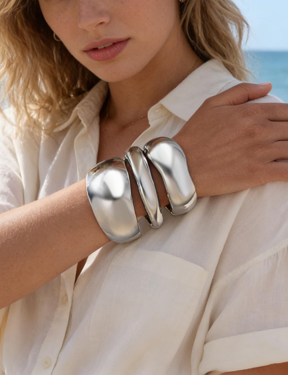 Chunky Silver Bangle Bracelets for Women, Dainty 14k Plated Big Stackable Bangles Set, Trendy Statement Cuff Bracelet Stack Fashion Jewelry Gifts (3 Silver chunky bangles)