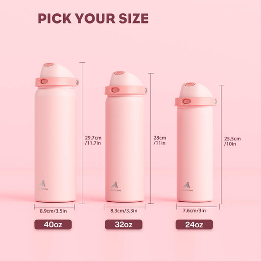 POWCAN 24 oz Insulated Water Bottle for Sports: 2-in-1 Lid with Push-Button Spout & Quick-Flip Straw, Leakproof, Car Cupholder Friendly, Stainless Steel for Gym, School, Travel (Cotton Candy)