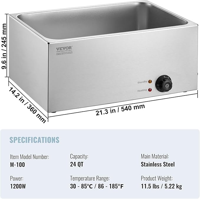 VEVOR Commercial Food Warmer 24QT Bain Marie 1200W Electric Buffet Warmer Steam Table Food Warmer Countertop Stainless Steel Food Warmer Wet or Dry Use for Parties, Catering and Restaurant