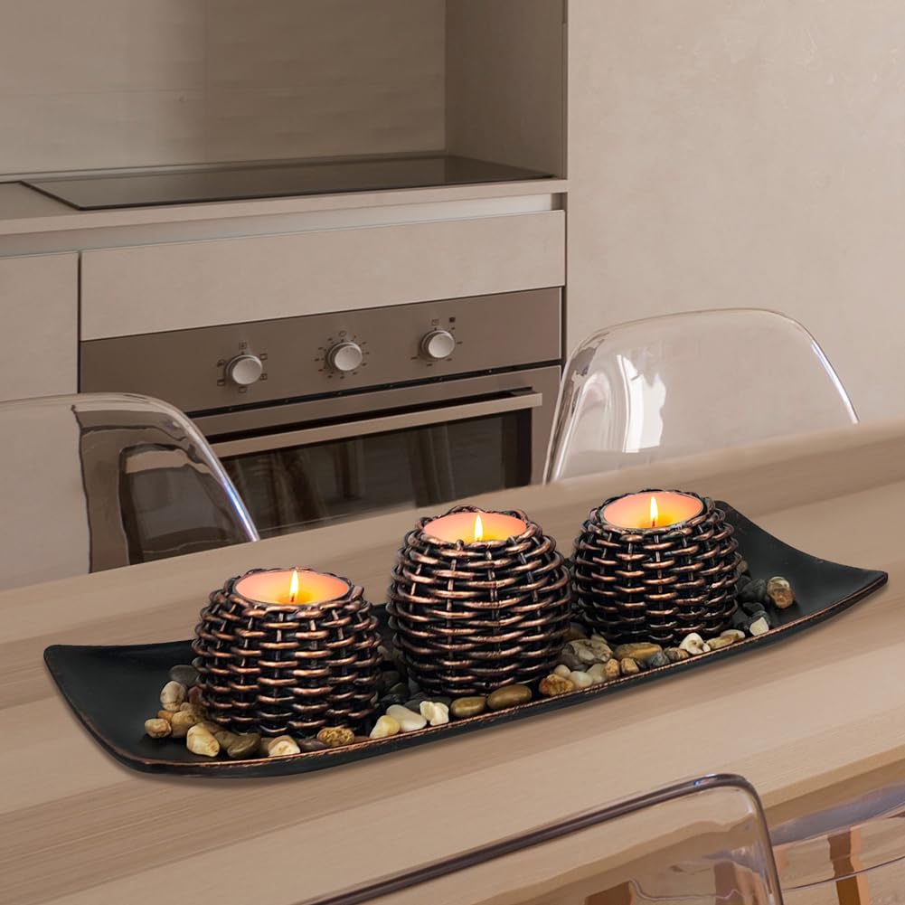 Coffee Table Decor, 3 Pieces Candle Holders with Tray and Rocks, Centerpiece Table Decorations for Living Room, Dining Room, Bedroom, Entryway Table Decor Thanksgiving Gift