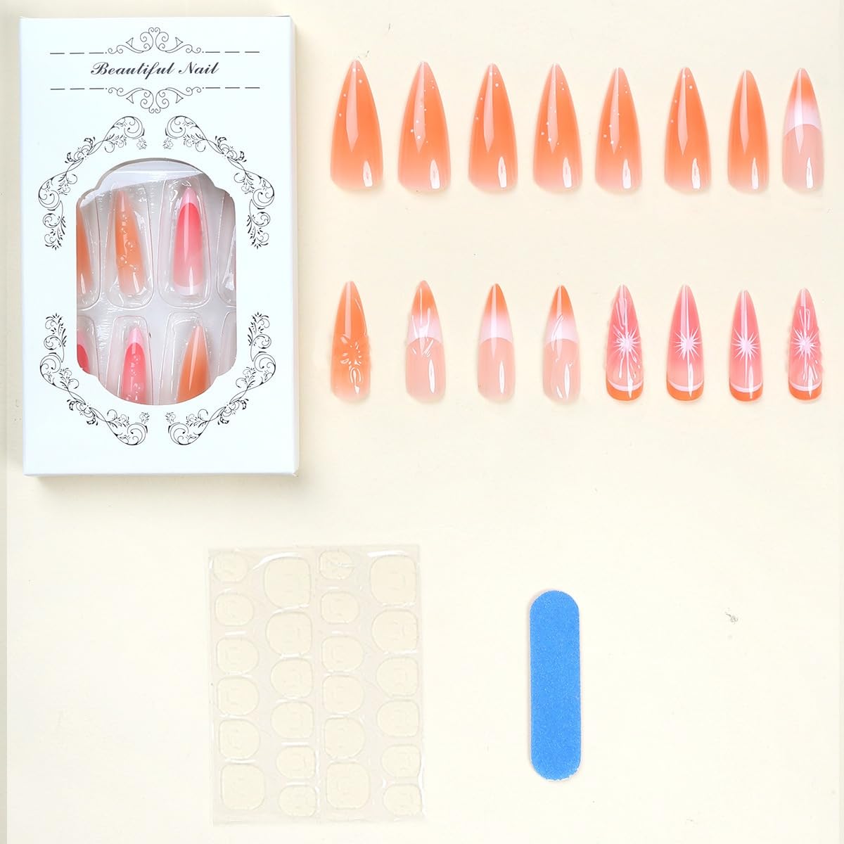 24Pcs Flower Press on Nails Medium Stiletto Fake Nails with 3D Orange Design Stick on Nails French Tips Nail Press Ons Water Ripple False Nail Summer Acrylic Glue on Nail for Women Manicure
