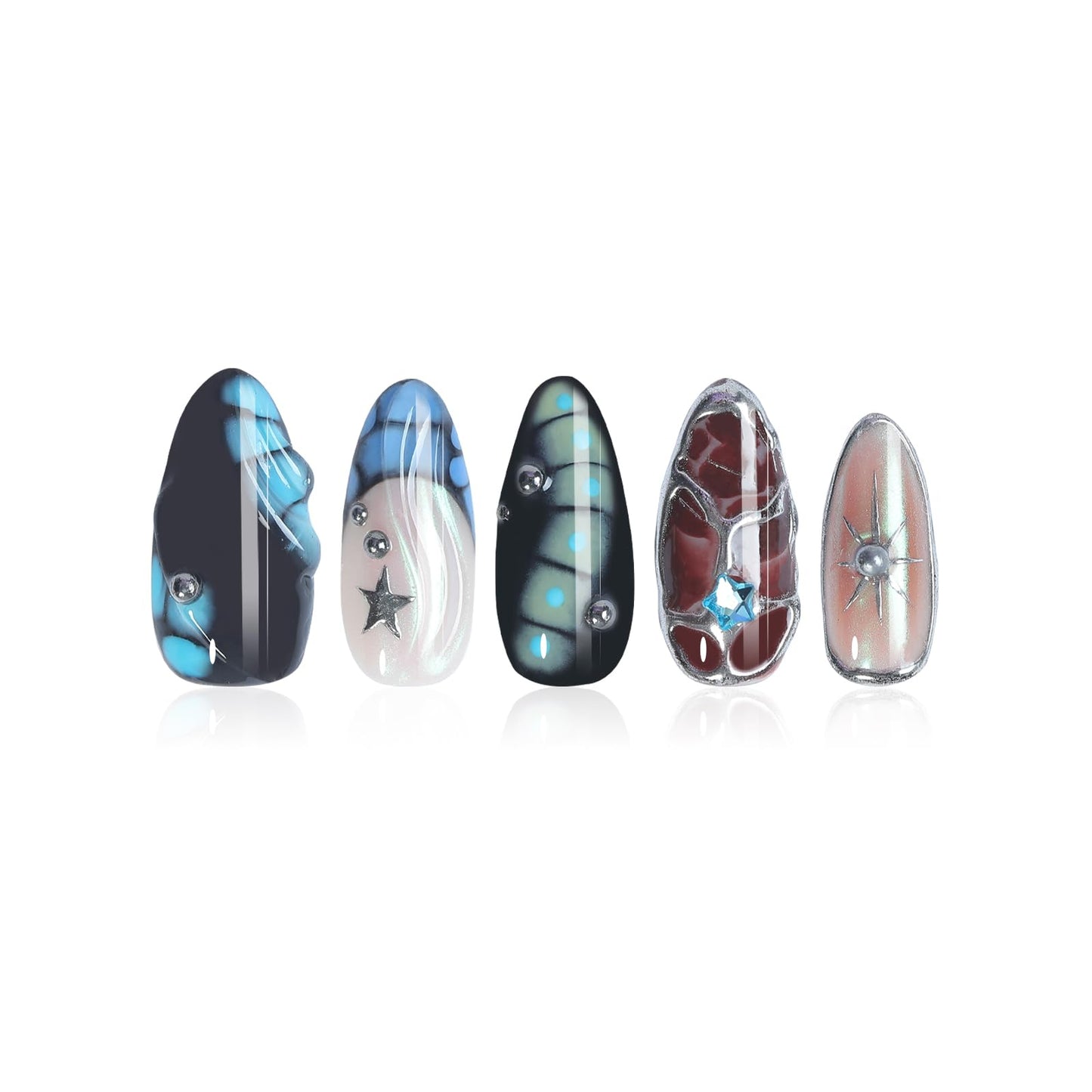 Gradient Press on Nails Handmade Press on Nails Punk Rock Gothic Cool Designs Stars Fake Nails Full Cover French False Nails Medium Almond 3D Silver Steel Ball False Nails for Women (Size S)