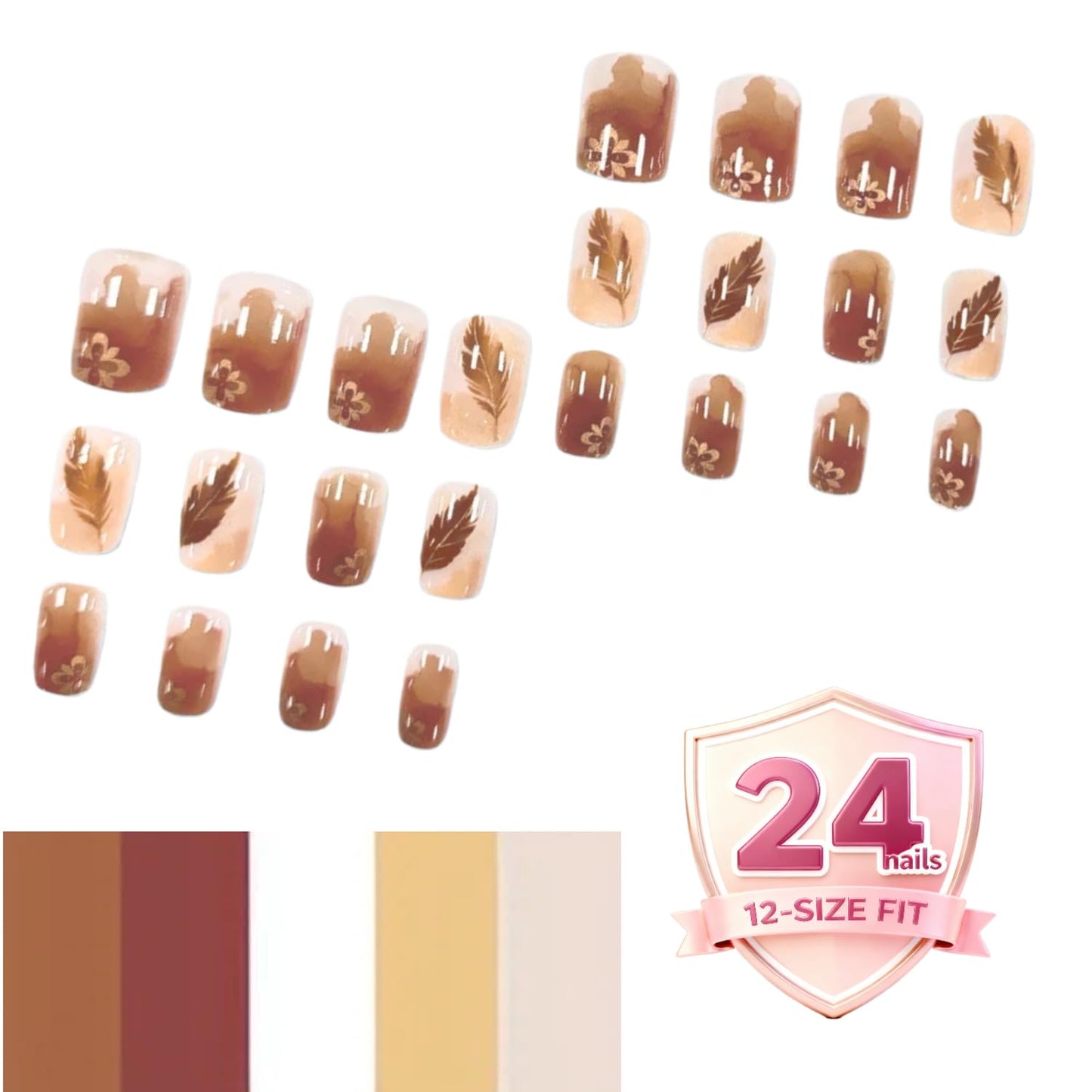 Elegant Brown Gradient Floral Press-On Nails with Leaf & Flower Designs, Durable & Long-Lasting Fake Nails, Easy-to-Apply Natural Style for Women, 24PCS
