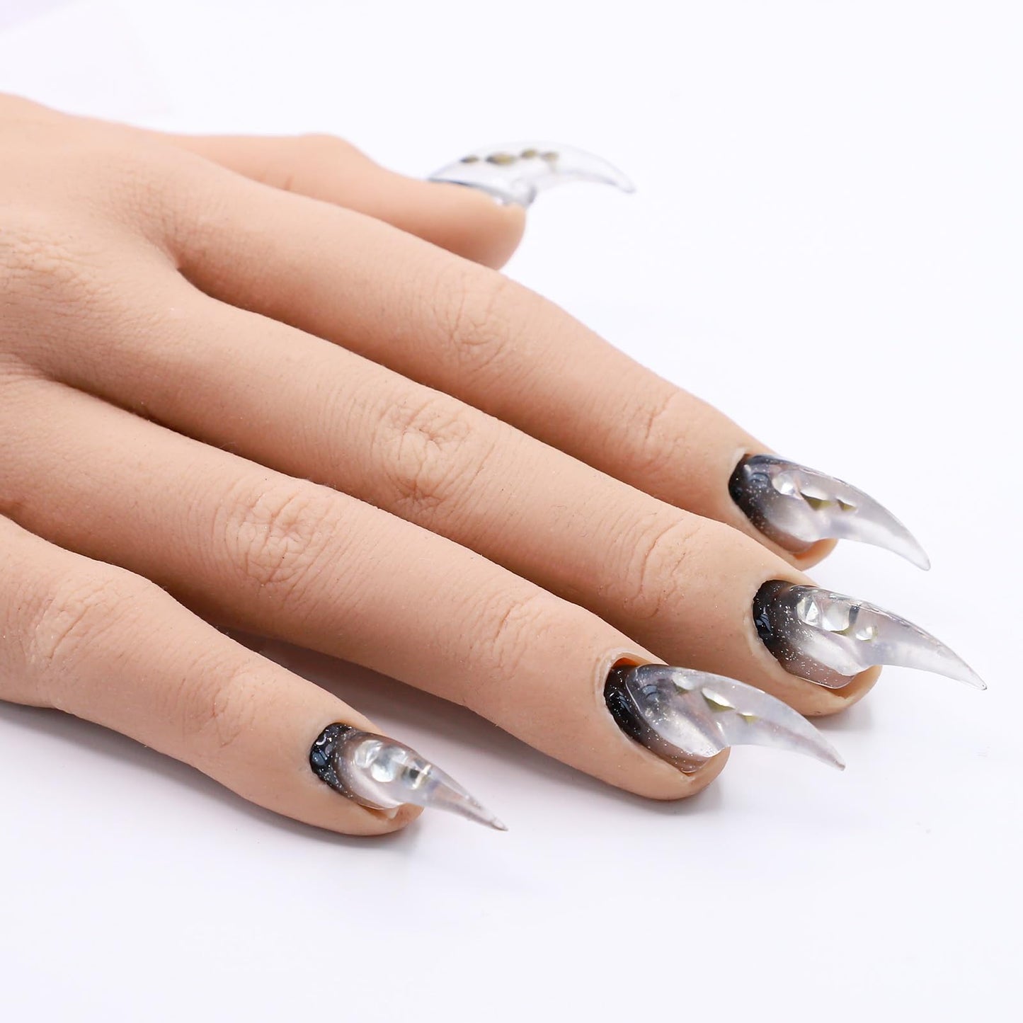 Handmade Press on Nails Halloween Goth Fake Nails with Extra Curved Eagle Claw Designs Luxury Silver Glitter False Nail Art Thickened Muti-Layer Gel Long Curved Press on Nail for Women (Size M)