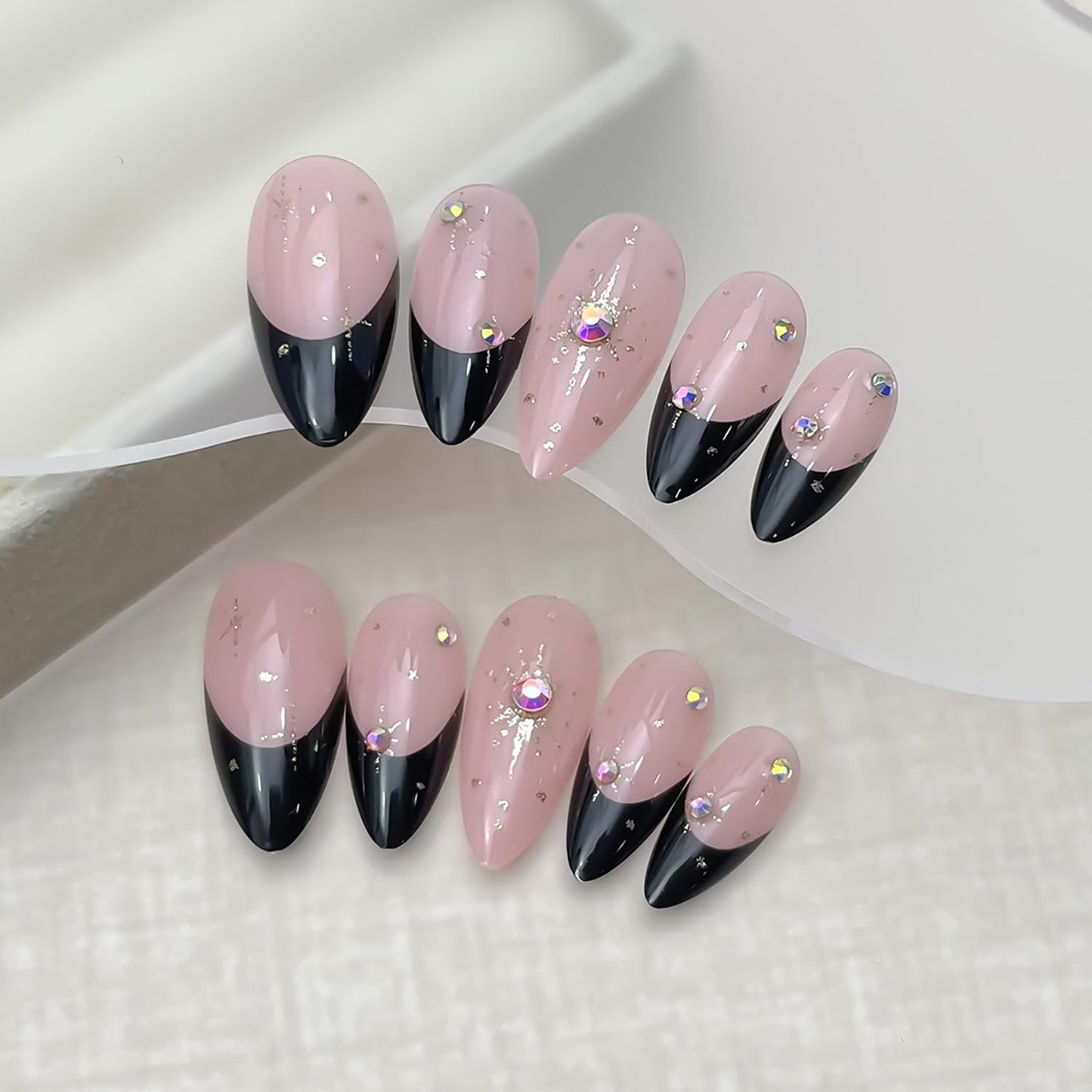 Black French Tip Press on Nails Medium Gold Glitter Rhinestones Design Almond Tip Press Ons False Nail Full Cover Artificial Nails Reusable Handmade Glue on Nails for Women 24Pcs