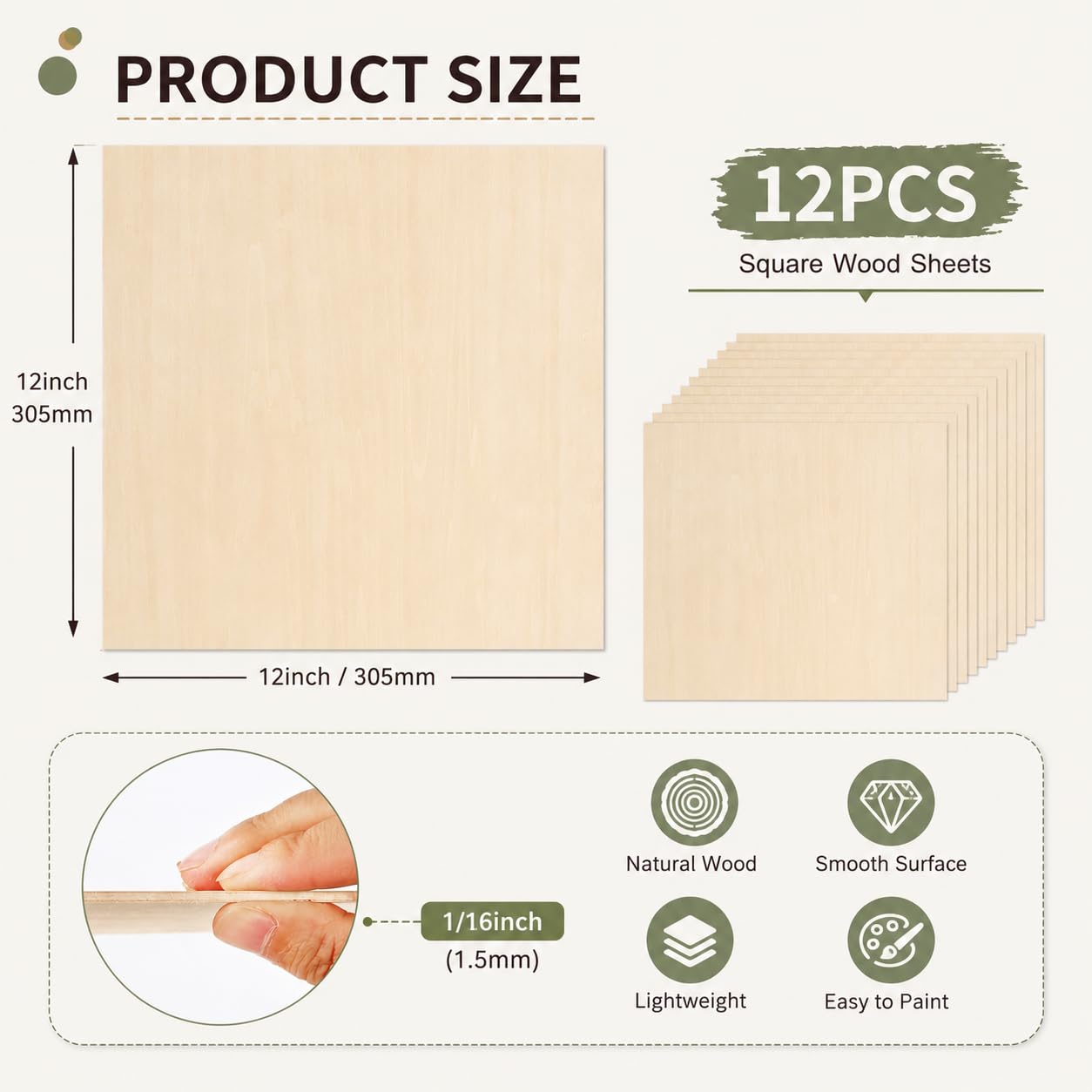 Plywood Sheets, 12 Pack, 12"x12"x1/16, Natural Wood, Craft Project Boards (1.6mm)