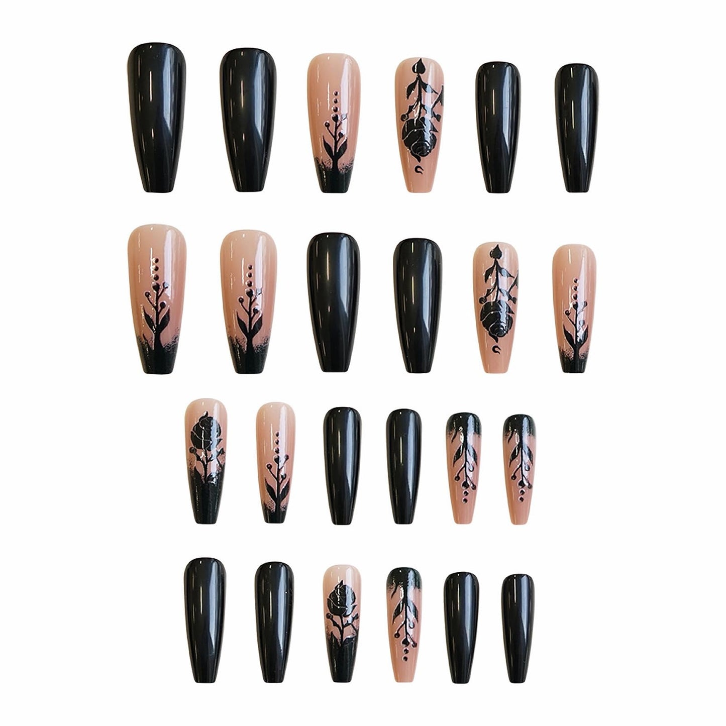MISUD Press on Nails - Long Coffin Glue on Nails with Goth Black, Acrylic Gothic Rose Design 24 pcs