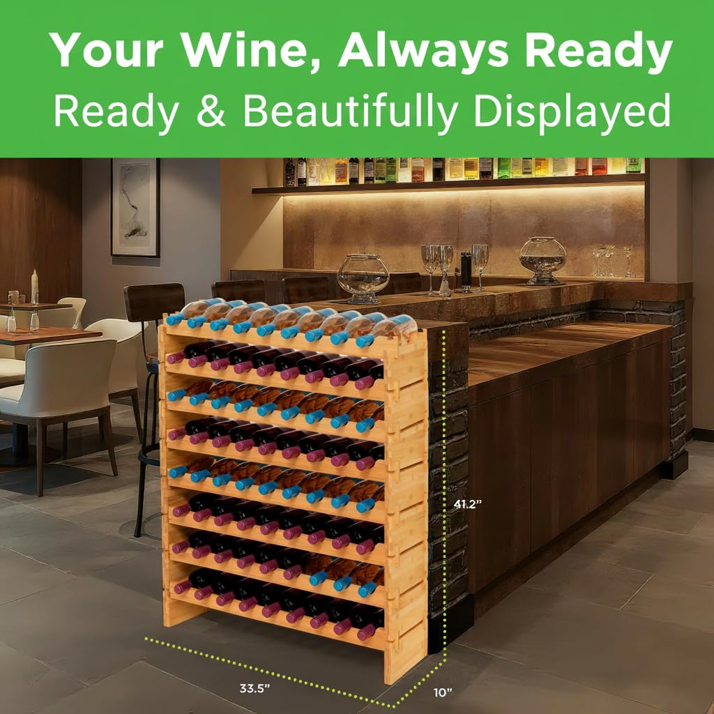 NutriChef 72 Bottle Wine Rack Stackable Bamboo Freestanding, 8-Tier Modular Shelf, Sturdy Wobble Free, Upgraded 2026 Design, Easy No-Tool Assembly for Kitchen, Cellar or Bar Storage 33.5" x 10" x 41"