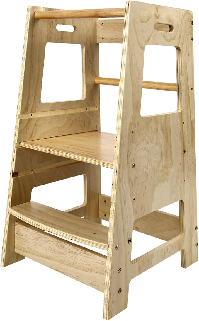 ECOMEX Toddler Standing Tower Kitchen Step Stool for Kids - Adjustable Height Learning Stool with Removable Safety Rail for Bedroom, Bathroom, Natural