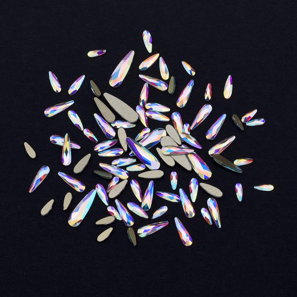 Tisslan 100pcs Mix 3 Sizes Glass Crystal AB Raindrop Shape Flat Back 3D Nail Rhinestones Jewels Decoration Accessories Supplies