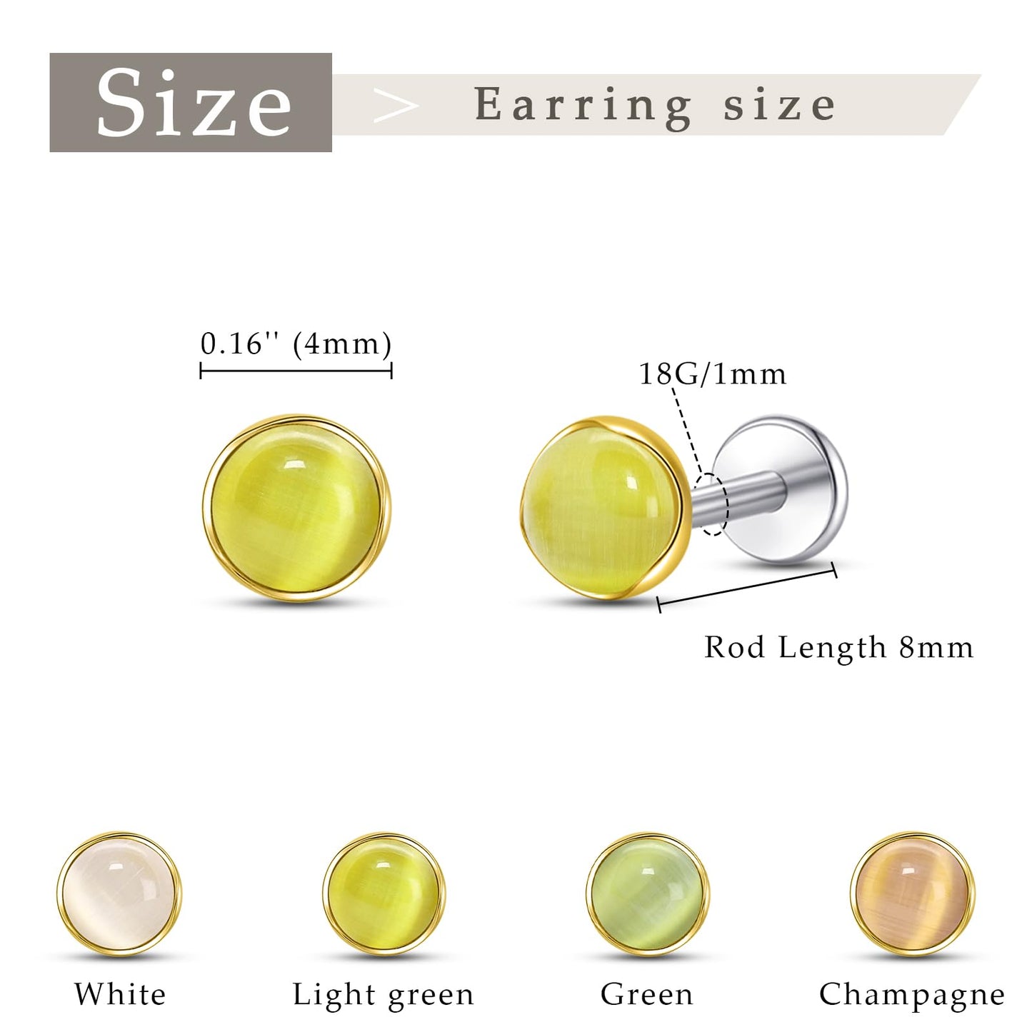 Limerencia Hypoallergenic Earrings for Sensitive Ears - 18G G23 Titanium Round Cat's Eye Push in Stud Earrings, Cartilage Stone Pierced Earrings for Women Men Gift,Light Green 4mm