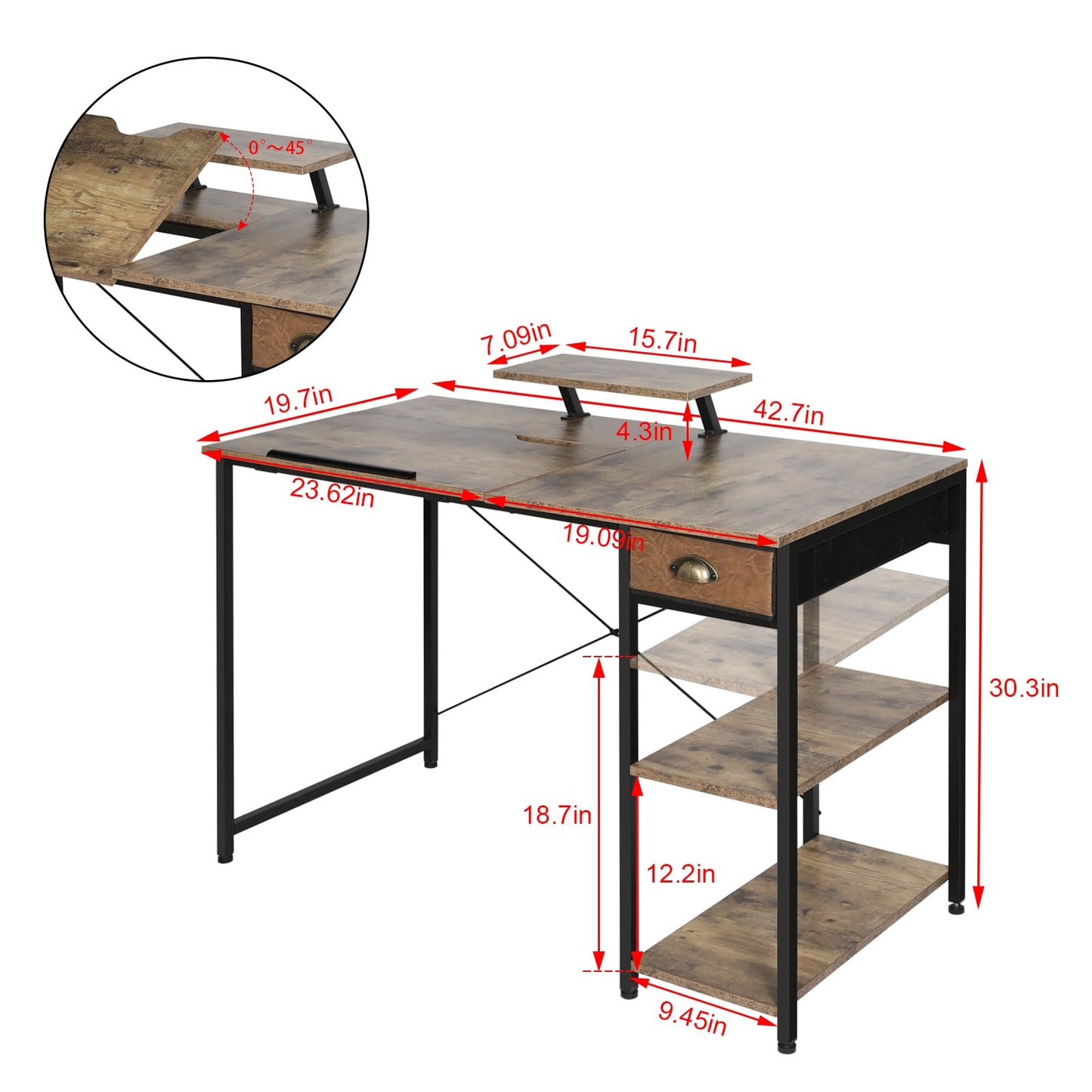 X-cosrack Drafting Table with Storage Shelves & Drawer, 43" Adjustable Art Desk with Monitor Stand for Home Office Computer, Tiltable Draft Drawing Table for Artist, Study, Writing Workstation