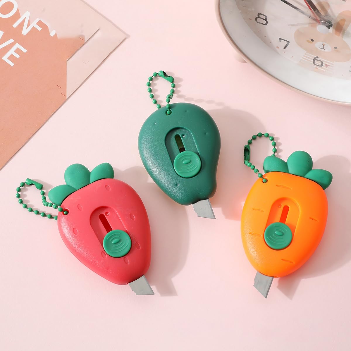 12 Pcs Mini Box Cutter Retractable Utility Knife Cartoon Strawberry Carrot Shape Pocket Size Art Craft Cutter for Mail Envelope Cardboard