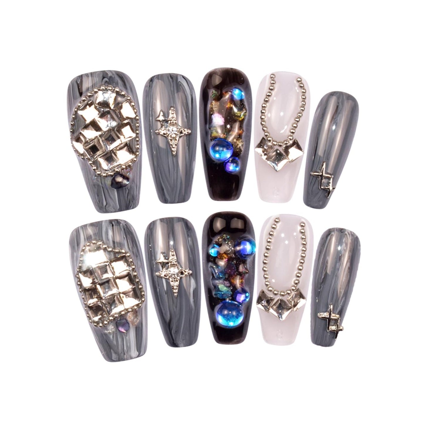 LIFOOST Long Coffin Press on Nails Handmade False Nails with Full Diamond Designs, Grey Y2k Luxury Reusable Fake Nails Stick on Nail, Size Small