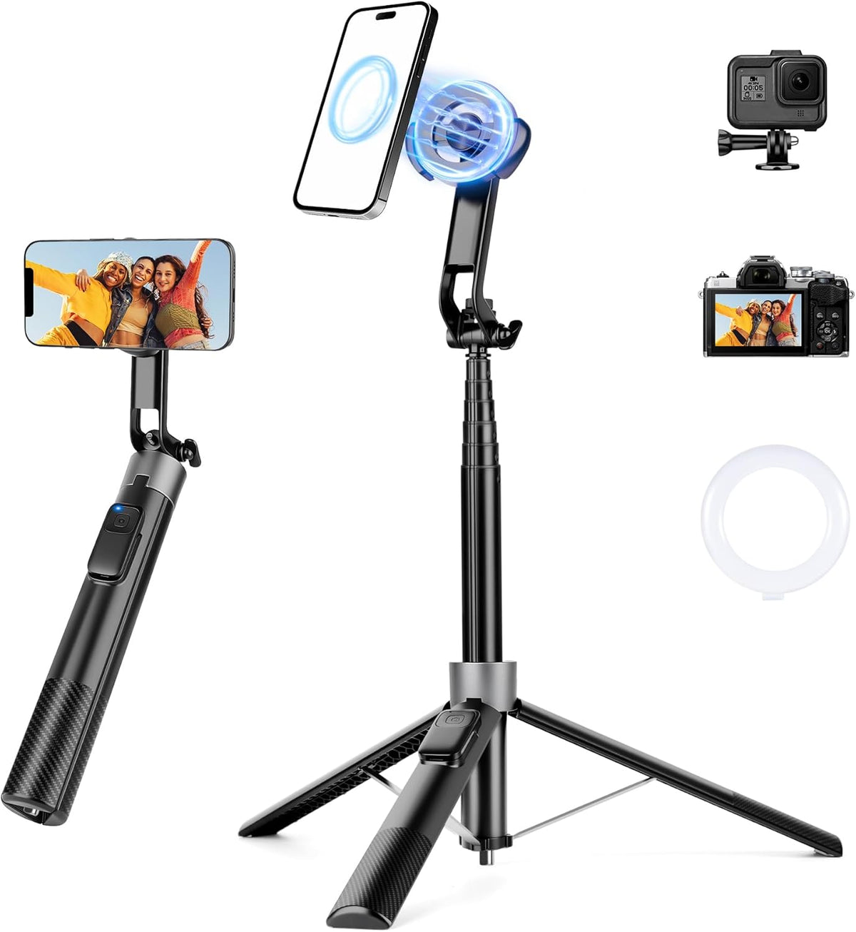 Magnetic Tripod for iPhone, 69" Phone Tripod Selfie Stick with Rechargeable Remote & 2 in 1 Phone Holder, Extendable Cell Phone Stand for Recording Travel, Compatible with iPhone and Android Phone