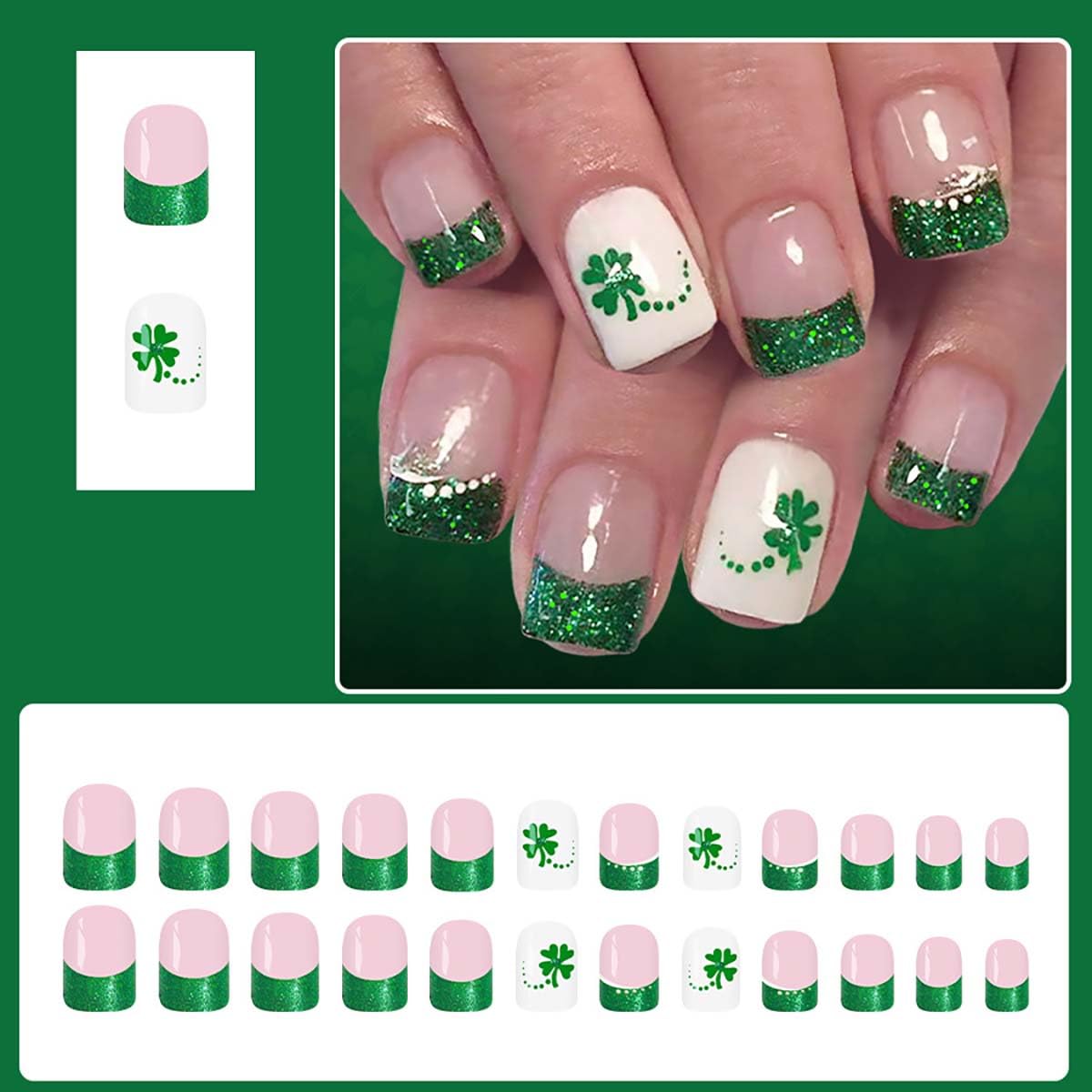 24Pcs St. Patrick's Day Press on Nails Short Square French Tip Fake Nails with Shamrock Designs Full Cover False Nails Green Glitter Acrylic Glue on Nails for Women DIY Saint Patrick nail Decoration