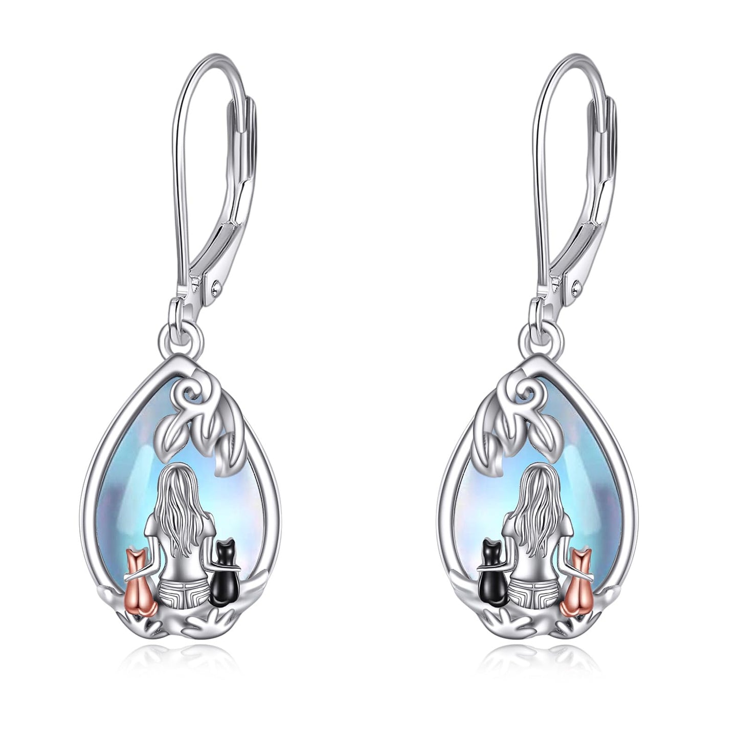 YFN Cat Moonstone Earrings Jewelry 925 Sterling Silver Teardrop Dangle Hypoallergenic Leverback Earring for Women