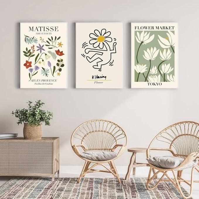 Matisse Art wall Décor,Flower Market Print Set of 3, Keith Haring Wall Art,11x14in Unframed Real Quality Canvas Paintings for Art Poster Decoration in kitchen, bathroom,living room,bedroom