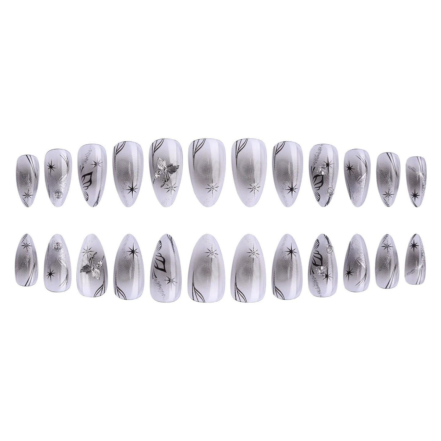 Long Press on Nails Almond Fake Nails 3D Butterfly Stick on Nails Black Glitter False Nails for Women Manicure Decoration 24Pcs