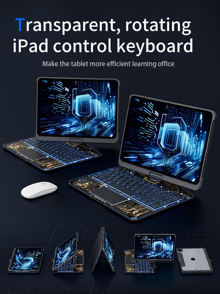 KARTICE Transparent 360 for iPad Keyboard case with Wireless Keyboard for iPad 7/8/9th 10.2 inch, Multi-Touch Trackpad, 7 Color Backlight, 360° Rotating Stand with Pencil Holder