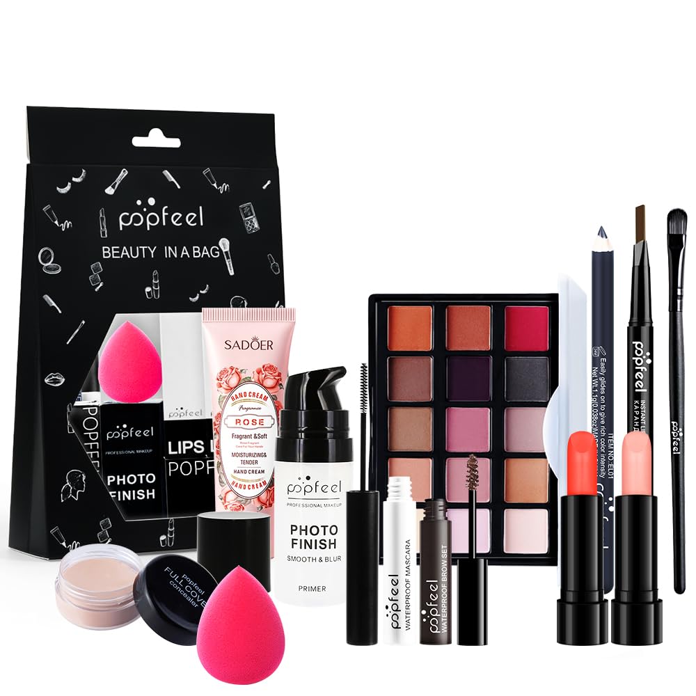 All in One Eyeshadow Palette Makeup Set, Makeup Kit with Primer, Mascara, Concealer Palette, Lip Stick, Brow Pen, Travel Makeup Bundle Holiday Surprising Makeup Gift Box for Women Girl