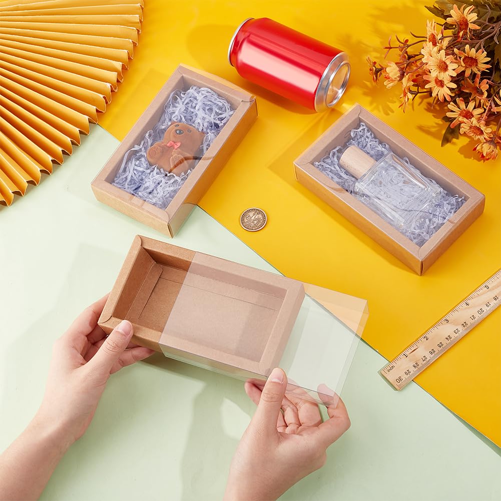 BENECREAT 12PCS Brown Kraft Gift Drawer Box, Plastic Lidded Gift Drawer Box with PVC Clear Window for Jewellery & Candy Gift Wrapping Party Favours, 5.5x2.76x1.18 Inch