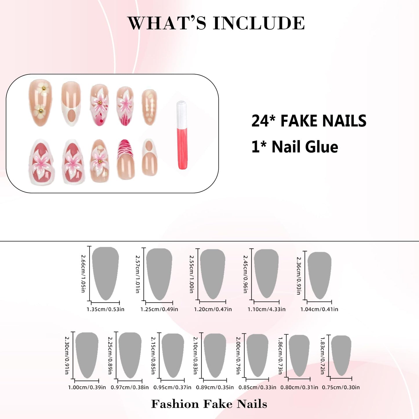 IMRAIN Summer Press on Nails Medium Almond Fake Nails with 3D Pink White Flower Designs Glossy French Tips False Nails Cute Floral Glue on Nails Acrylic Nail Supplies