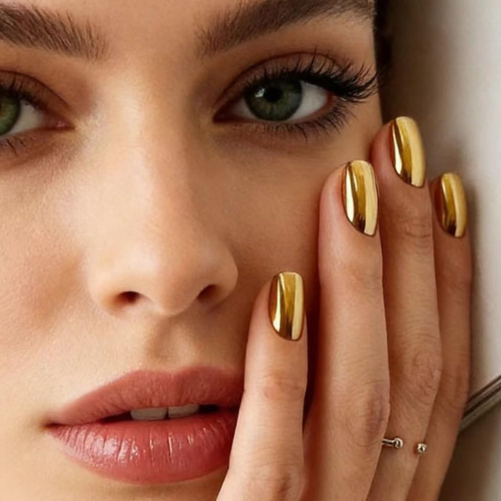 FJSMTOPl Gold Press on Nails Square Fake Nails Short False Nails with Designs Metallic Holographic Glue on Nails Acrylic Nails Glossy Stick on Nail for Women Nail Manicure