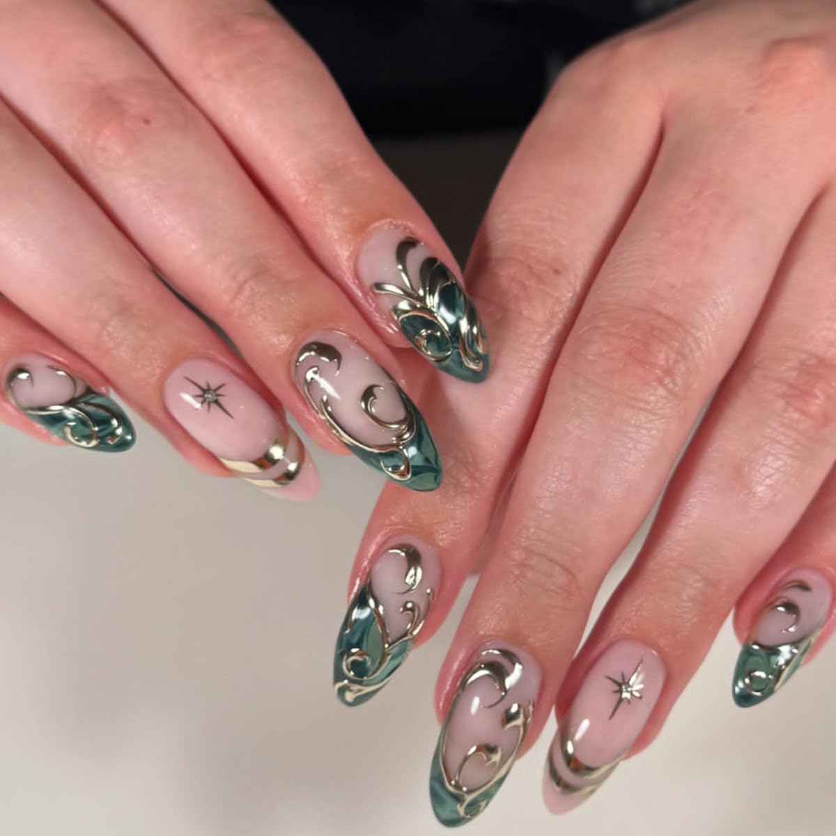 plalely Long Press on Nails Almond, Acrylic Press on Nails with Flower Designs, Long Almond Nail Tips for Women 24pcs