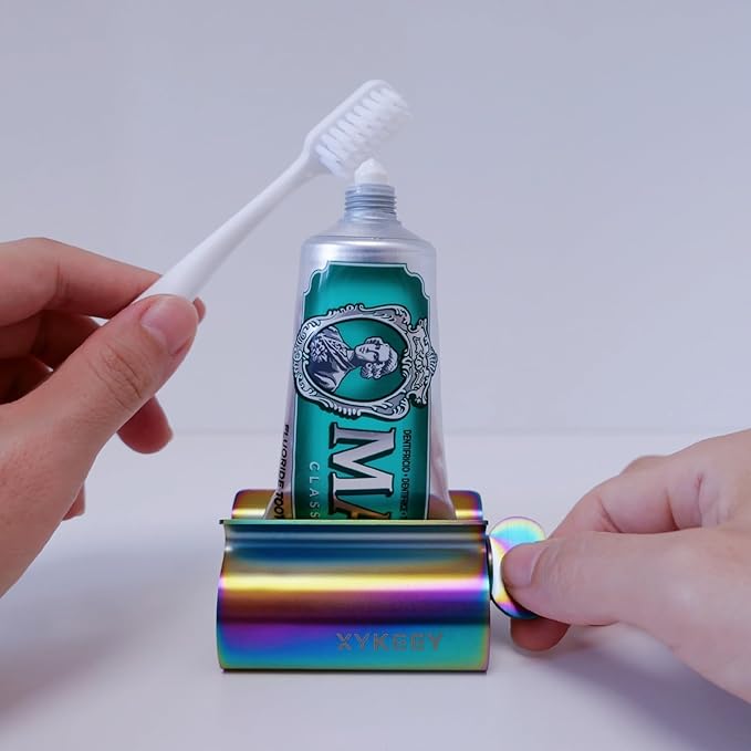 XYKEEY Toothpaste Tube Squeezer - Set of 2 Toothpaste Squeezer Rollers, Metal Toothpaste Tube Wringer Seat Holder Stand (Iridescent)