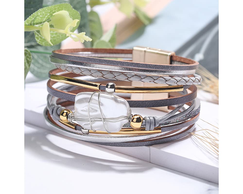 Fesciory Leopard Bracelet for Women, Boho Leather Wrap Multi-Layer Pearl Crystal Bracelet Bangle Jewelry(Gray Leather(Pearl))