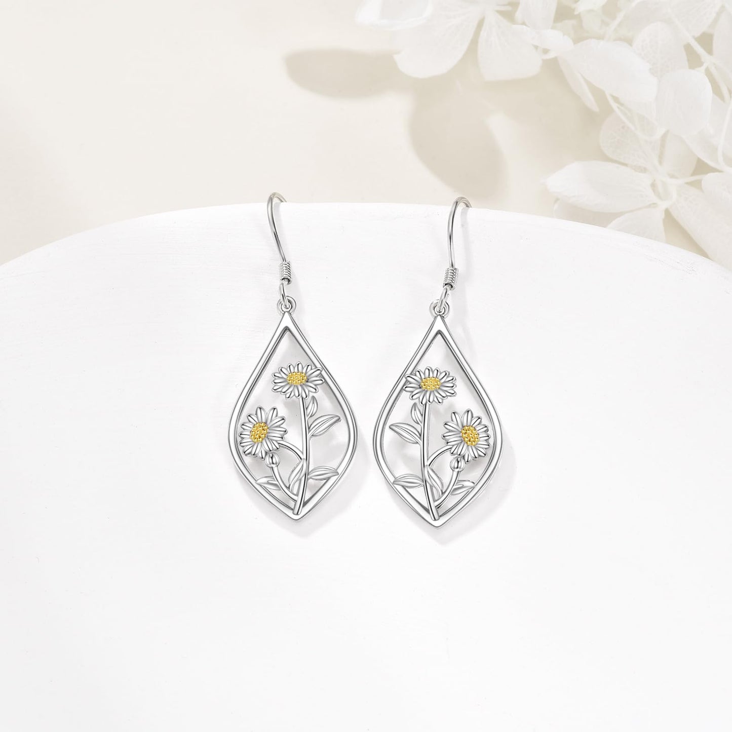 Daisy Earrings 925 Sterling Silver Daisy Flower Floral Dangle Dangling Drop Charm Earrings Boho Jewelry Gifts for Women