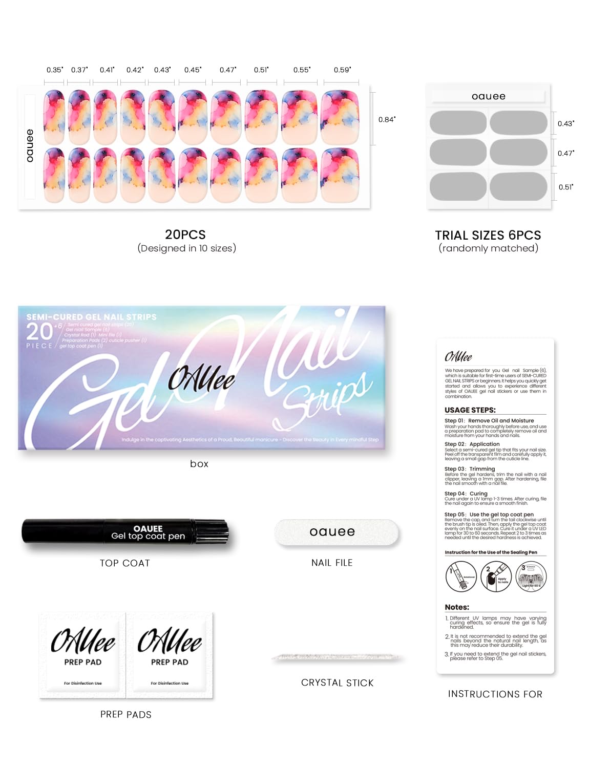 Oauee Semi Cured Gel Nail Strips | Built-In Gel Top Coat | UV Light Required | Salon Quality, Easy Application And Removal (Ink Blot Rainbow）
