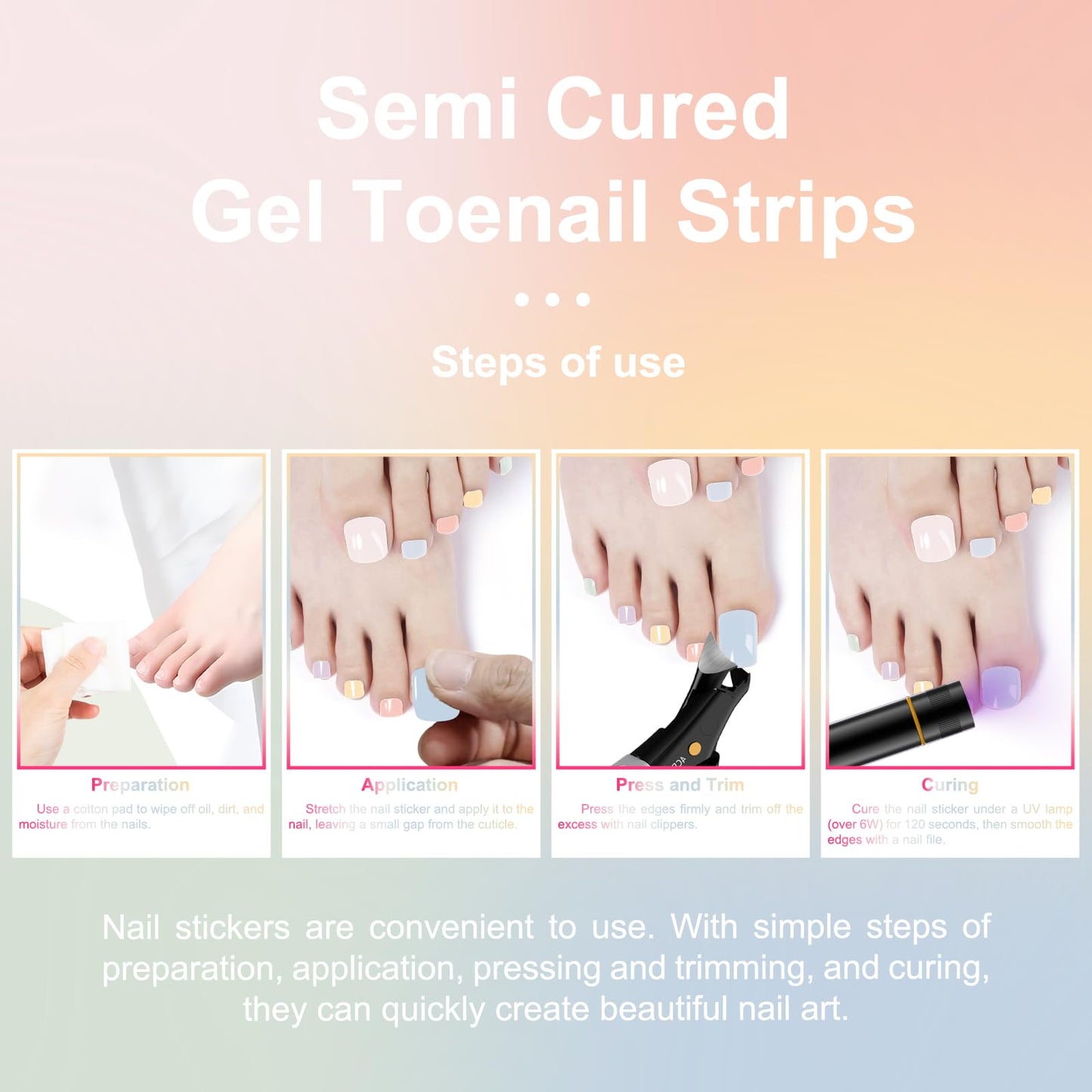 SILPECWEE Semi Cured Gel Nail Strips, Toenails Stickers Full Nail Wraps UV Light Required, Salon Quality, Easy to Apply & Remove, Toenail Strips for Women Girl (Candy-Colored Delight - 32PCS)
