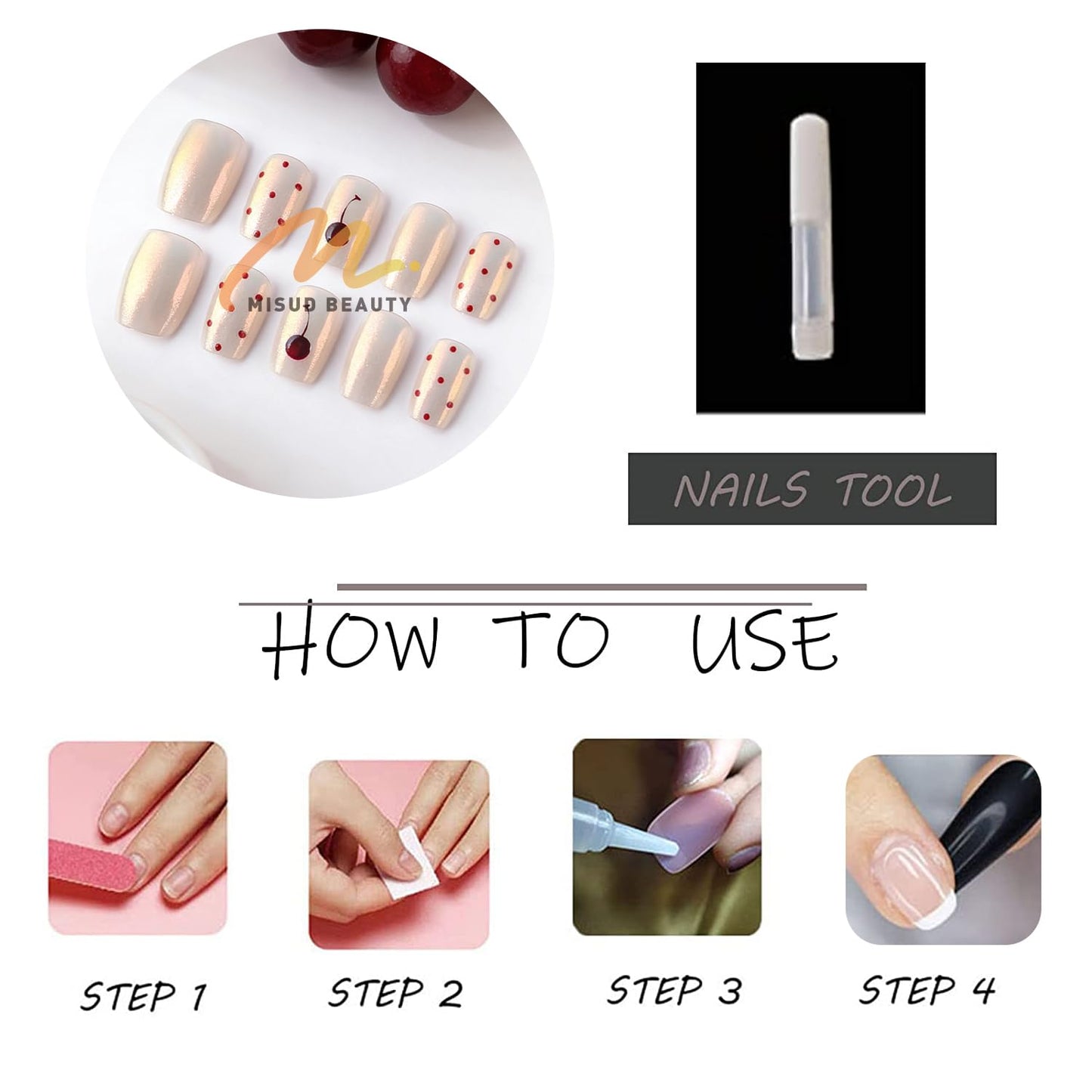 MISUD Press on Nails - Short Square Fake Nails with White Chrome, Acrylic Polka Dot Cherry Design 30 pcs