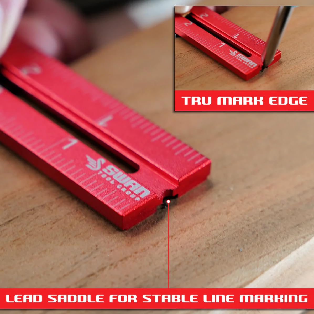 Swan Tool Group RED Tail Ruler Set - Woodworking Ruler Layout Tool, Precision Measuring in 4", 6" and 12" Lengths, Works with Swan Tool Group Ruler Squares: Ridgway, Merlin, or Offset Rulers
