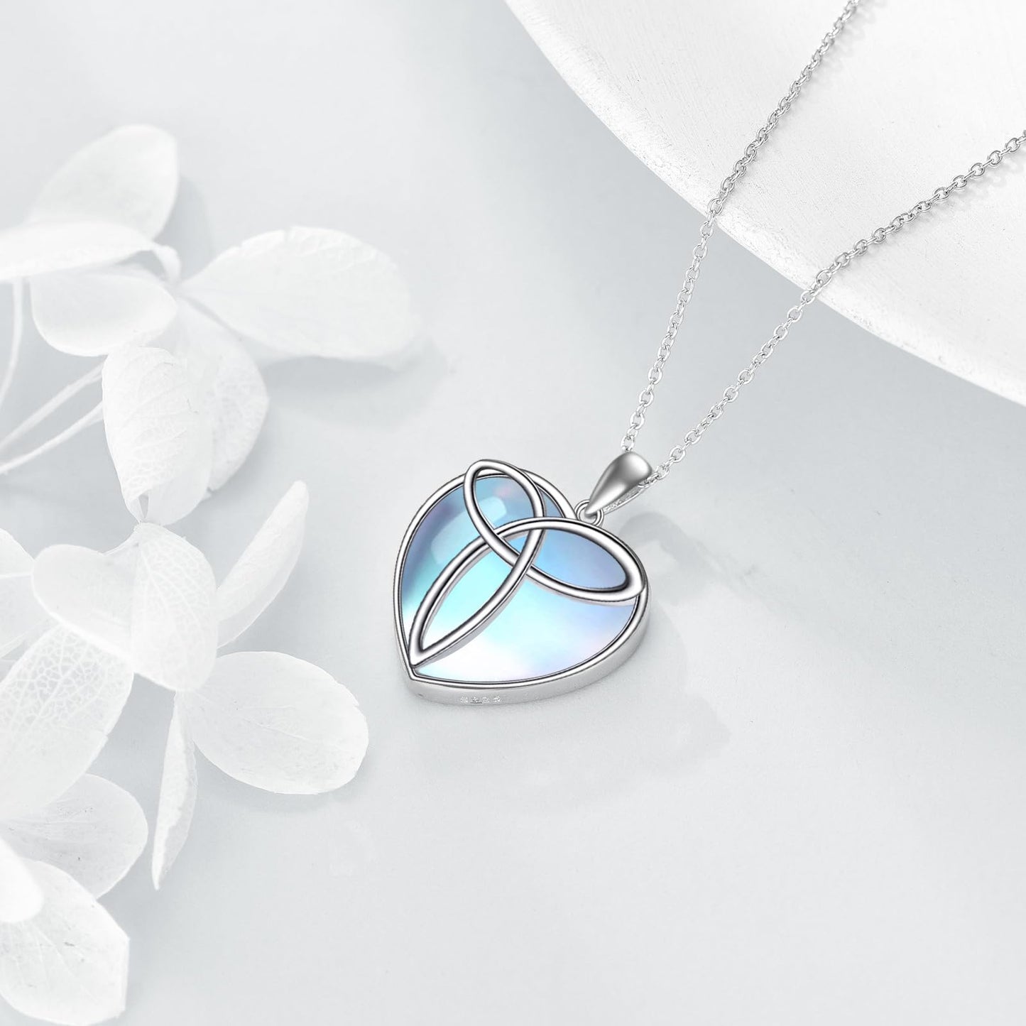 YAFEINI Moonstone Celtic Trinity Necklace 925 Sterling Silver Triangle Knot Heart Pendant Necklace Jewelry Gift for Women (W-Moonstone Celtic Trinity Necklace)