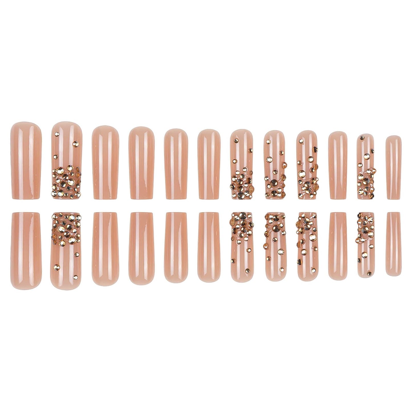 RUOKEXIN Long Square Press on Nails Gold Fake Nails Long False Nails with Gold 3D Rhinestones Designs Glue on Nails Glossy Artificial Nails Cute Stick on Nails for Women 24Pcs