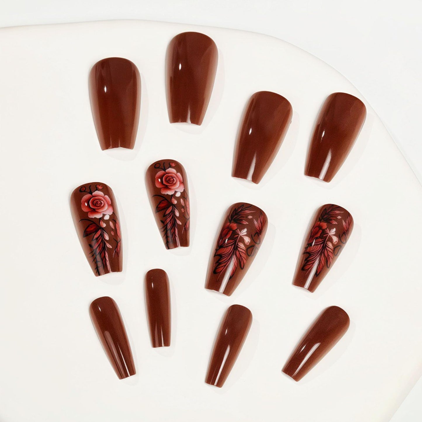 Fall Press on Nails Medium Coffin Fake Nails with Roses Designs Glossy Nails Press ons Dark Brown Full Cover Glue on Nails Autumn Acrylic Artificial Stick on Nails for Women 24Pcs