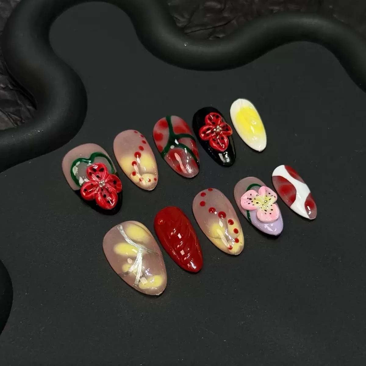 Short Almond Press On Nails Handmade Fake Nails With Red 3D Flower Design Full Cover Stick On Nail Floral Acrylic Artificial Glossy False Nail For Women Girls 10pcs (SIZE:M)