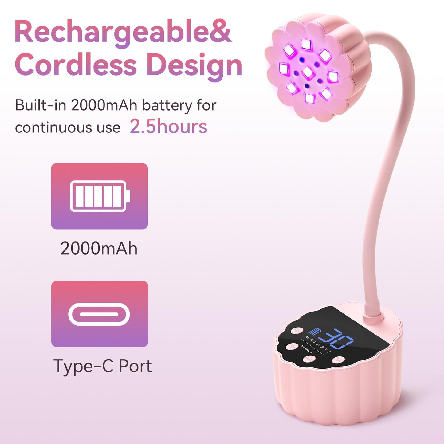Makartt UV LED Nail Lamp - Gooseneck 58mW/cm² Flash Cure Lamp Rechargeable UV Light for Gel Nails with 4 Times & Auto Sensor USB Cordless Fast Curing Nail Art Design for Salon Home DIY (Pink)