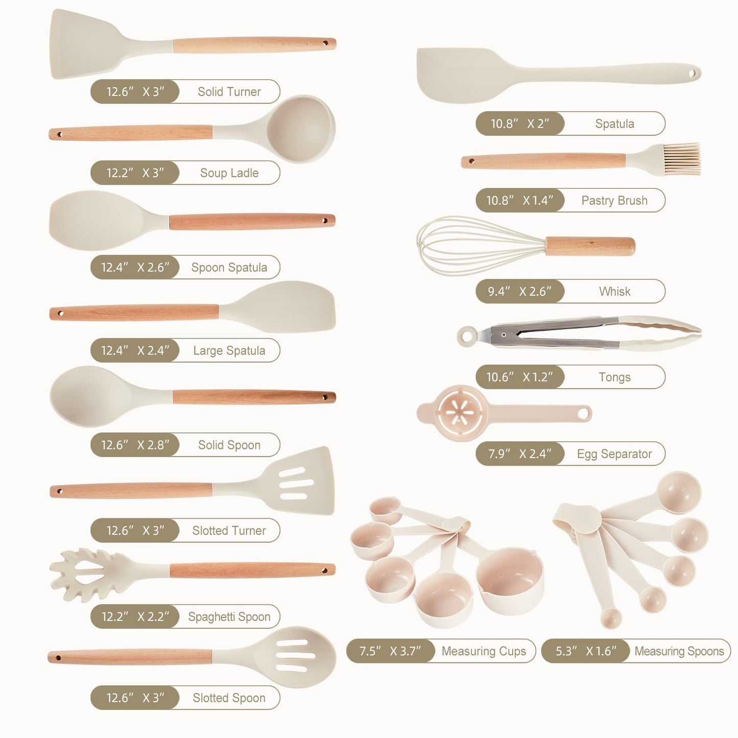 Gaixvny Kitchen Utensils Set - 34 PCS Non-Stick Silicone Cooking Utensils Set Spatula Set with Holder, Wooden Handle Spoon,Brush,Whisk Kitchen Gadgets Tools Set for Nonstick Cookware (Cream White-34P)