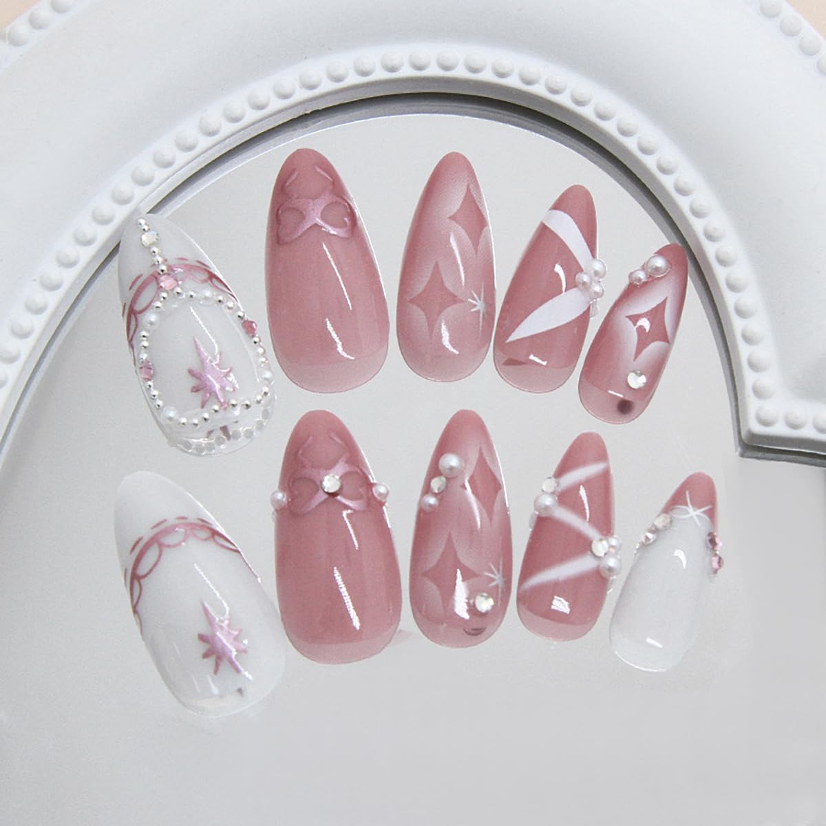 24Pcs Pink Almond Press on Nails Medium French Tip Fake Nails Silvery White Star Glue on Nails with 3D Pearl Rhinestones Full Cover Handmade False Nails Bow Acrylic Nails for Women Stick on Nails