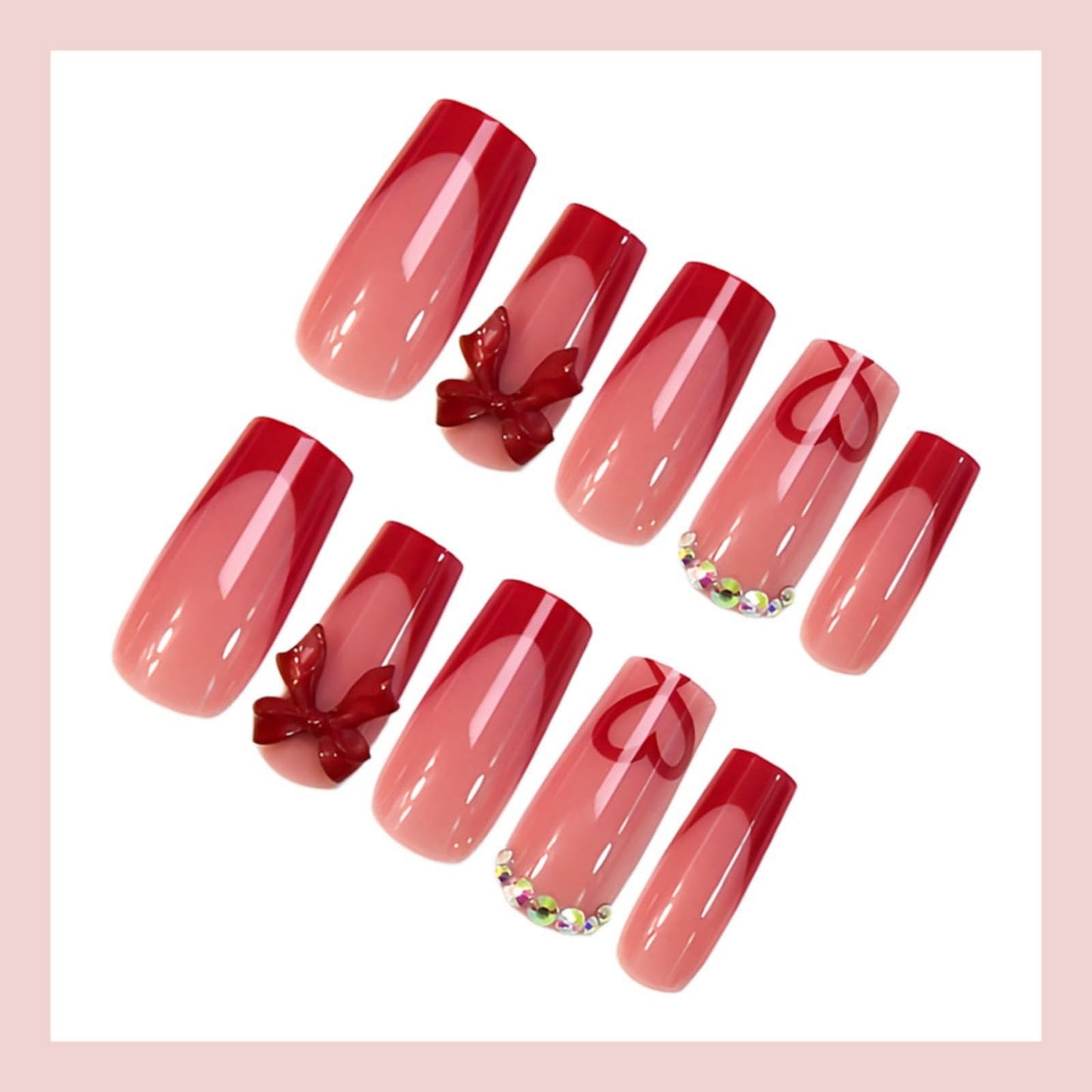Red Press on Nails Heart Fake Nails Medium Square Nail Press ons with French Tip Design Bow Glue on Nail Glossy Full Cover Artificial Acrylic Manicure for Women Girls 24Pcs