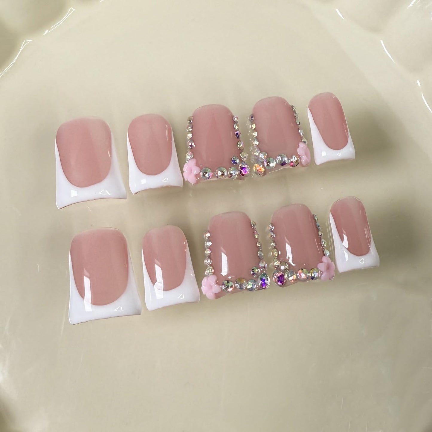 Luxury Flower Medium Duck Press on Nails Handmade Nails with 3D Flower & Rhinestone Art Design White French Thicked Short False Nails Muti-Layer Gel Handmade Nail for Women (Size S)