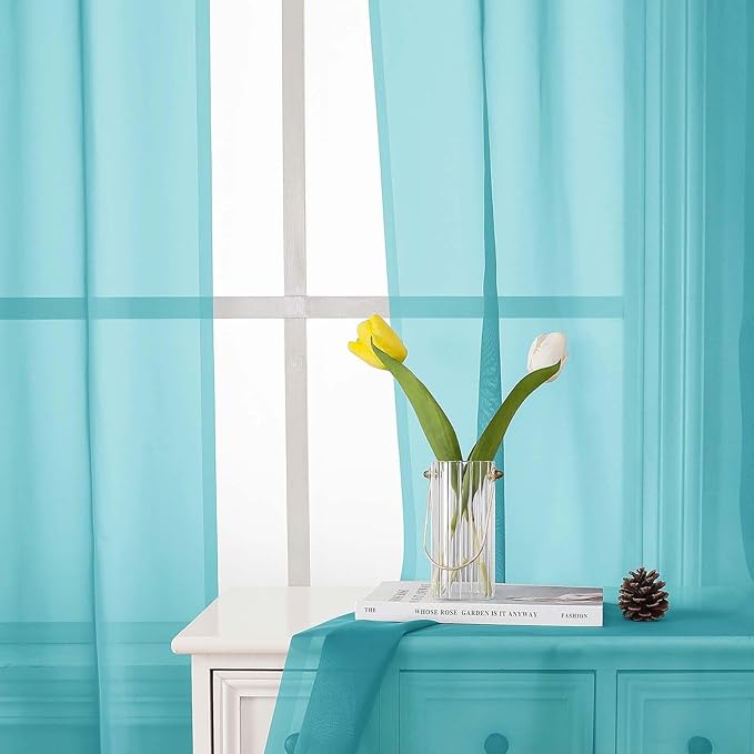 Lecloud Aqua Sheer Curtains for Living Room 63 Inch Length 2 Pcs, Voile Light Filtering Modern Farmhouse Decor Drapes, Rod Pocket Window Curtains for Bedroom Dining Room, Each Panel 42" W x 63" L