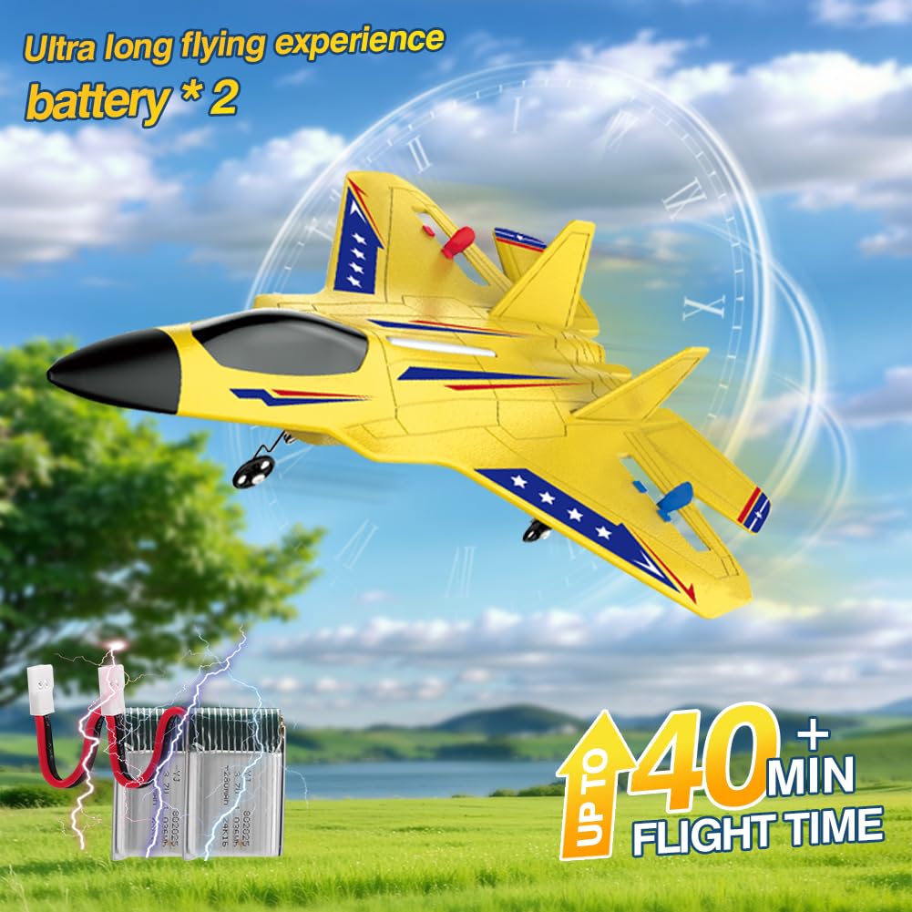 Fremego F22 RC Airplane 2.4GHz Remote Control Plane with Gyro Stabilizer, LED Lights & Dual Batteries, Easy Fly RC Glider for Kids Boys Adults Beginners(Yellow)