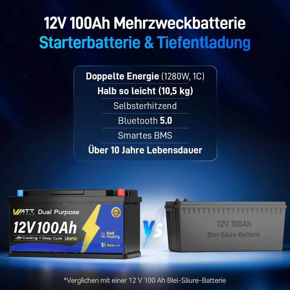 12V 100Ah Dual Purpose Marine Cranking LiFePO4 Lithium Battery Bluetooth 1200CCA / 1500MCA, Starting Lithium Batterys with Self-Heating, Built-in 200A BMS, Perfect for Trolling Motor, Boat