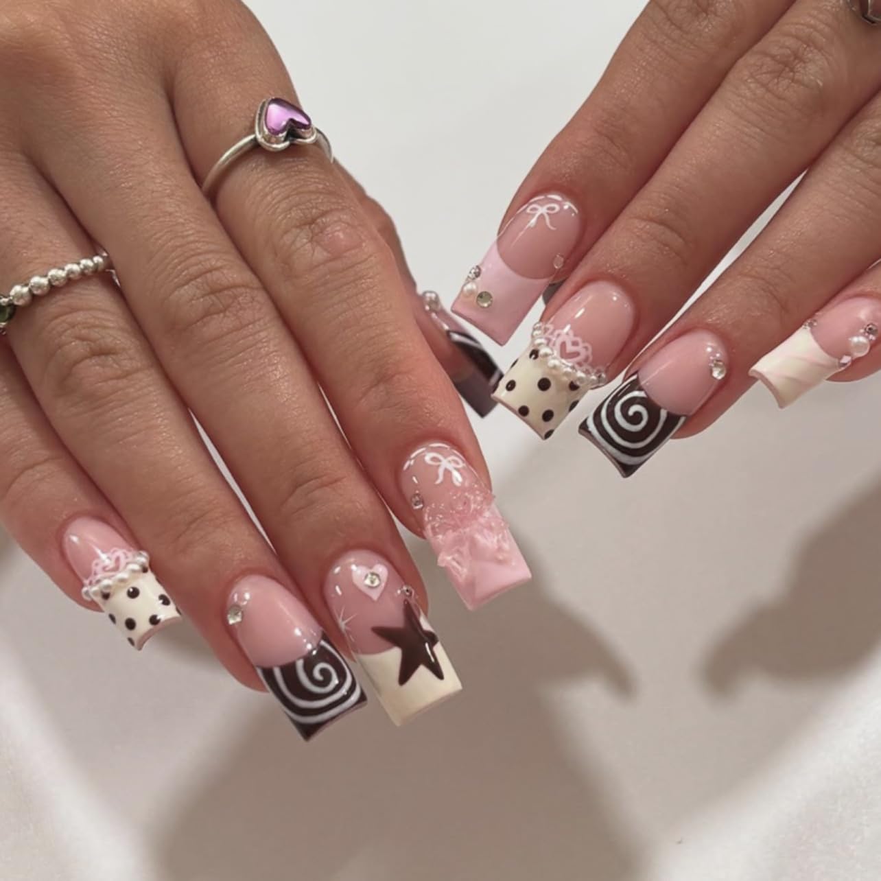 plalely Press on Nails French Tip, Handmade Acrylic Press on French Tip Nails with Flower Designs，Long Square Nail Press Ons for Women 24pcs